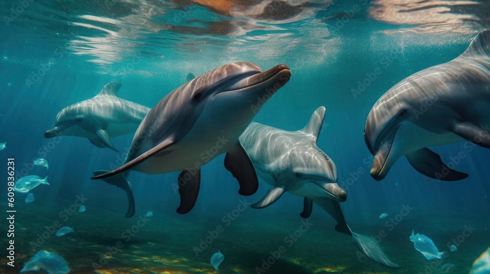 Fototapeta premium Environmental protection, dolphins among plastic bag, ocean pollution AI generation