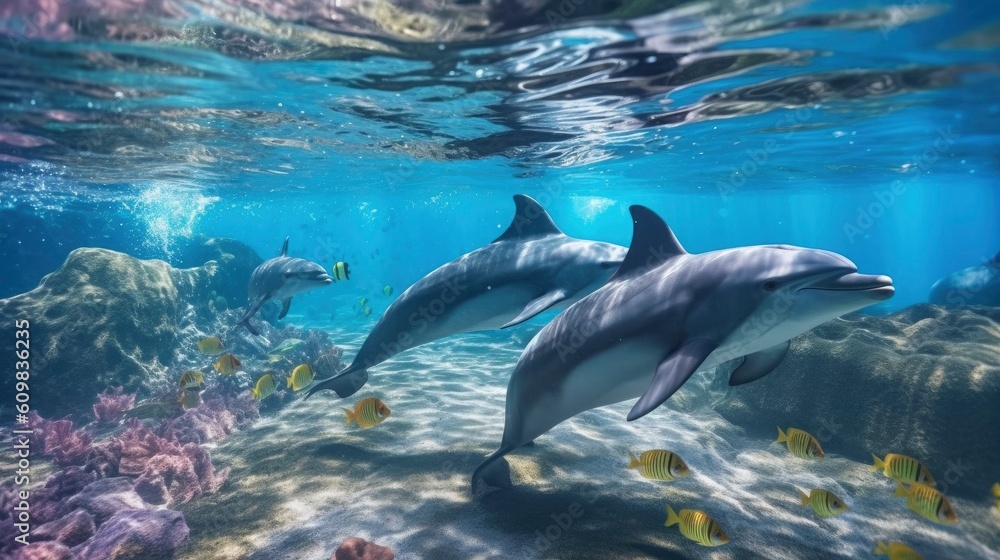 Fototapeta premium swimming dolphins, Underwater world, clear water, front view, AI generative