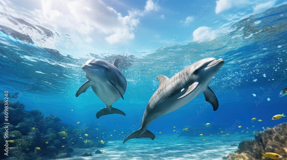 Naklejka premium swimming dolphins, Underwater world, clear water, front view, AI generative