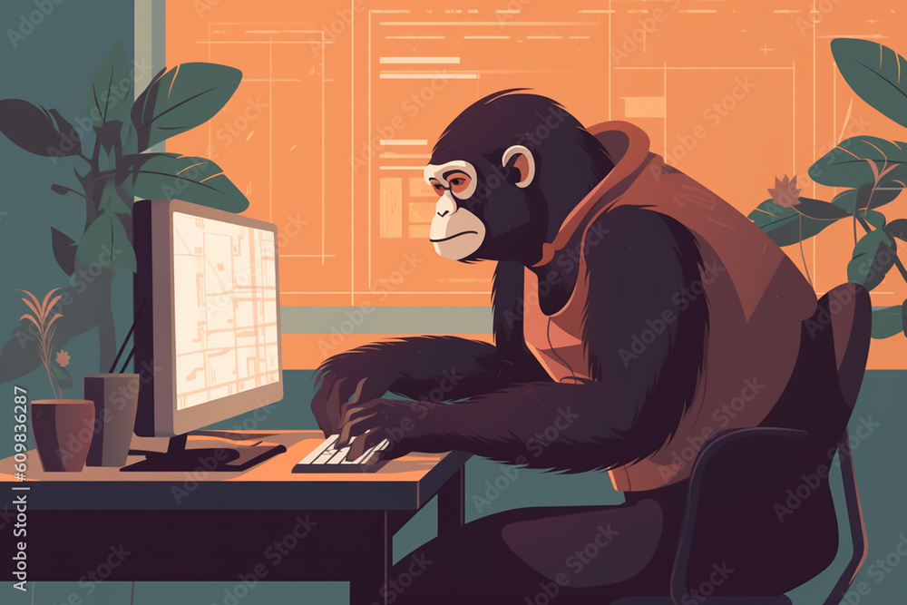 A ape sitting at a desk and using a computer to code | Generative Ai A ape sitting at a desk and using a computer to code | Generative Ai