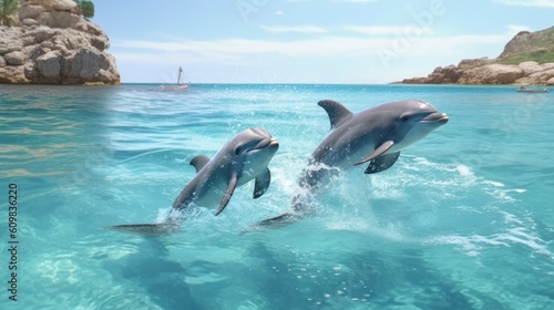 dolphin jumps out of the water, underwater world, clear water, AI generation © Ceyhun