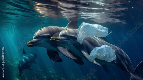 Environmental protection, dolphins among plastic bag, ocean pollution AI generation © Ceyhun