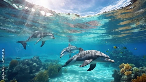swimming dolphins  Underwater world  clear water  front view  AI generative