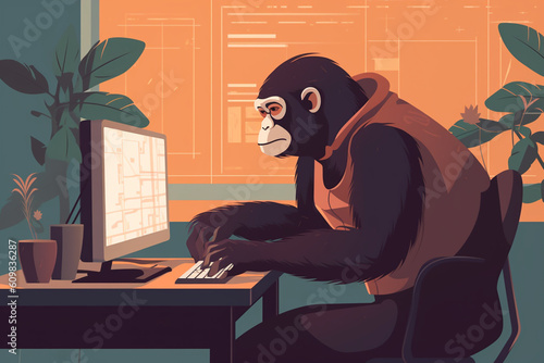 A ape sitting at a desk and using a computer to code | Generative Ai