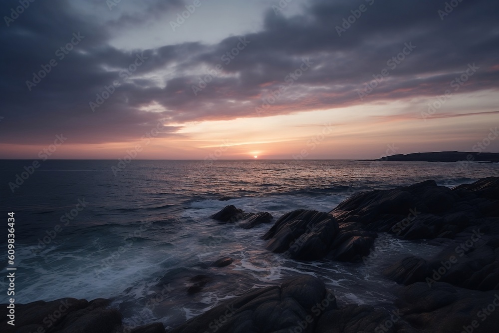 A tranquil evening seascape featuring streaks of wispy clouds, creating a serene ambiance as dusk descends. Generative AI A tranquil evening seascape featuring streaks of wispy clouds, creating a serene ambiance as dusk descends. Generative AI