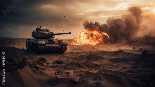 armored tank crosses a mine field during war invasion epic scene of fire and some in the desert, wide poster design with copy space area 