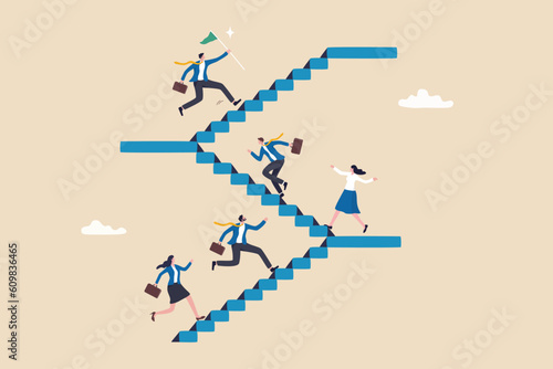 Career path or improvement, growth stair to success, job promotion or business competition, aspiration or motivation to succeed concept, business people walk up stair to next level floor to the top.