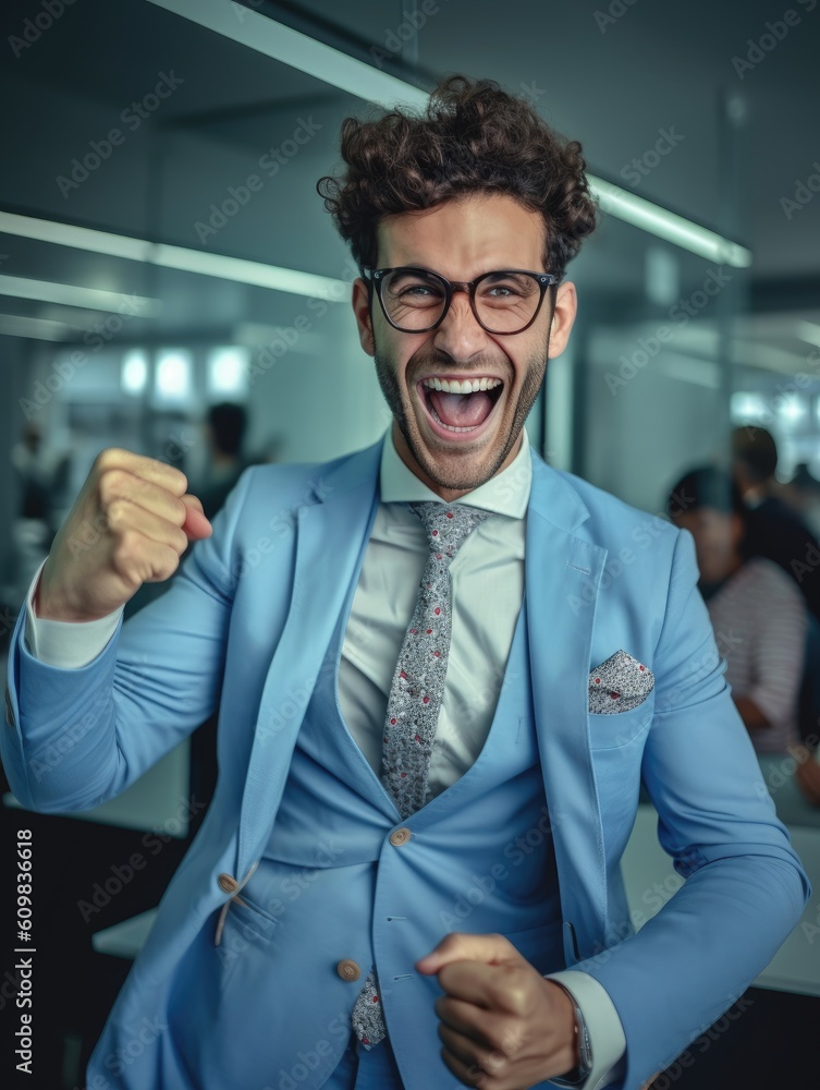 A young hipster business man in a light blue suit celebrates success in an office environment. A young hipster business man in a light blue suit celebrates success in an office environment.