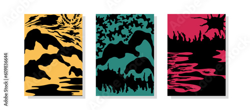 Surreal landscapes. Posters in engraving style. Vector template
