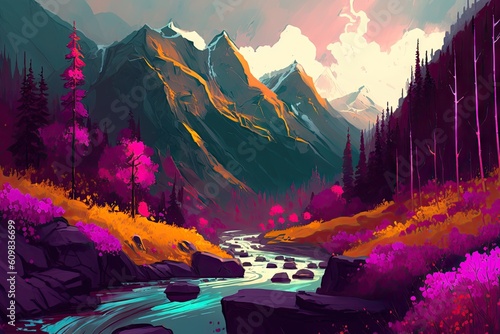 Art design of landscape painting in amazing mountain in the forest. Concept of lifestream colorful magical in beautiful village in natural background. Glorious generative AI. photo