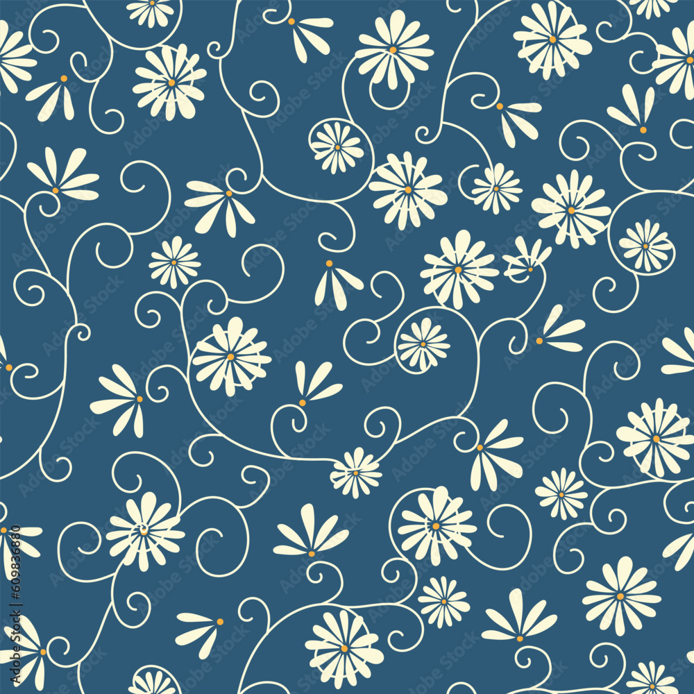 Floral seamless pattern. Chamomiles on blue background