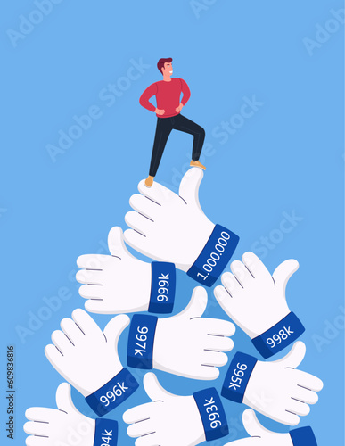 1 million likes. Social media concept. Person dependent on a online feedback  and positive assessment on the Internet. Vector poster