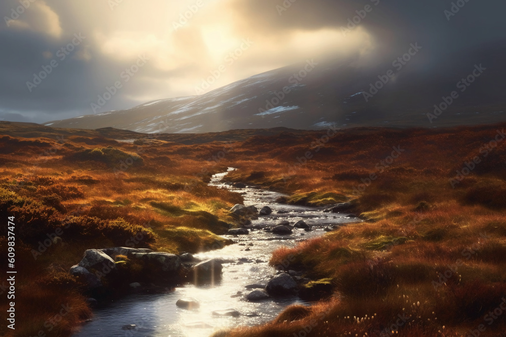 The wild moors of Scotland, in the bright day, cold morning sun. AI generative