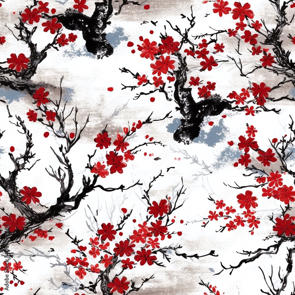 Seamless pattern of traditional Japanese ink art black and red on white, Generative AI