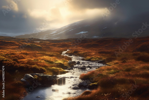 The wild moors of Scotland, in the bright day, cold morning sun. AI generative
