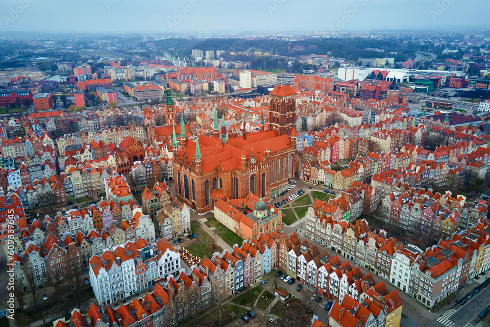 Naklejka premium Aerial view of Gdansk city in Poland. Historical center in old town in european city. Panoramic view of modern european city