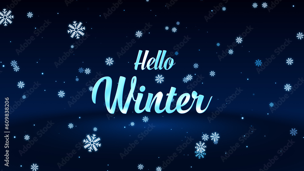 Hello Winter Lettering On Magic Dark Blue Shiny Snowflakes Particles Falling Glitter Sparkles Dust With Light Floor Background