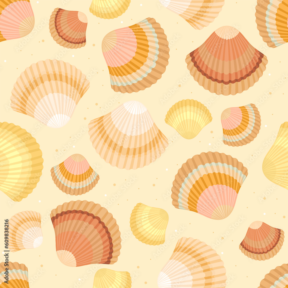 Multi-colored sea shells on yellow sand. Summer sunny beach seamless pattern. Vector background. Multi-colored sea shells on yellow sand. Summer sunny beach seamless pattern. Vector background.