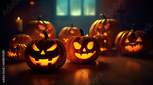 Scary halloween pumpkins with dark background.