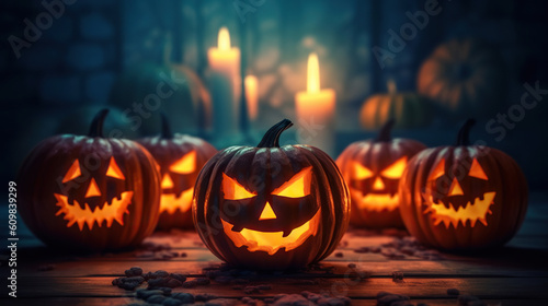 Scary halloween pumpkins with dark background.