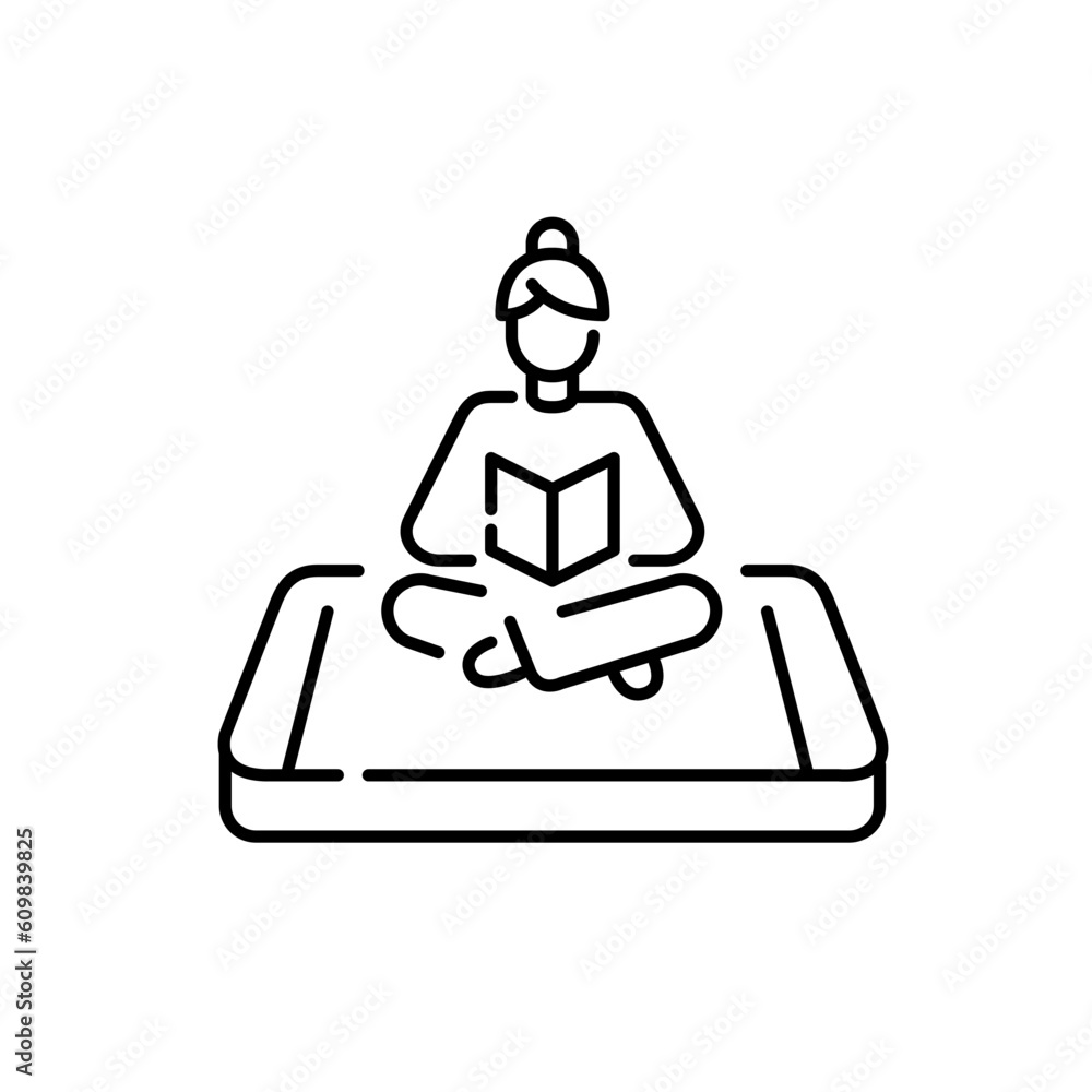 Girl sitting in comfortable clothes reading a book. Digital library app for smartphone. Pixel perfect, editable stroke icon Girl sitting in comfortable clothes reading a book. Digital library app for smartphone. Pixel perfect, editable stroke icon