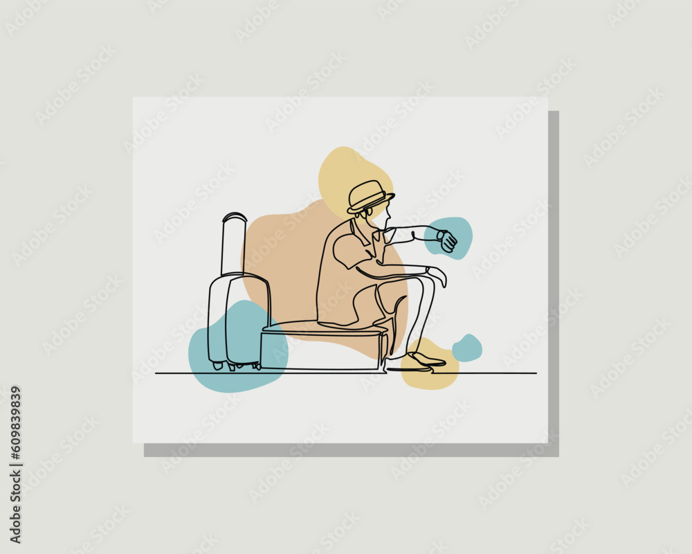continuous single one line drawing vector design illustration of a traveler man walk and hold suitcase wearing casual suit in boho style design