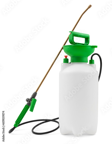 Gallon portable garden pump pressure sprayer, pressurized lawn and garden water spray bottle for spraying plants. Gardening work and household cleaning. Isolated on white background