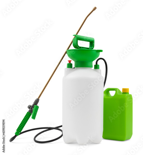 Photography Gallon portable garden pump pressure sprayer and green little jerry can, plastic jug with lid