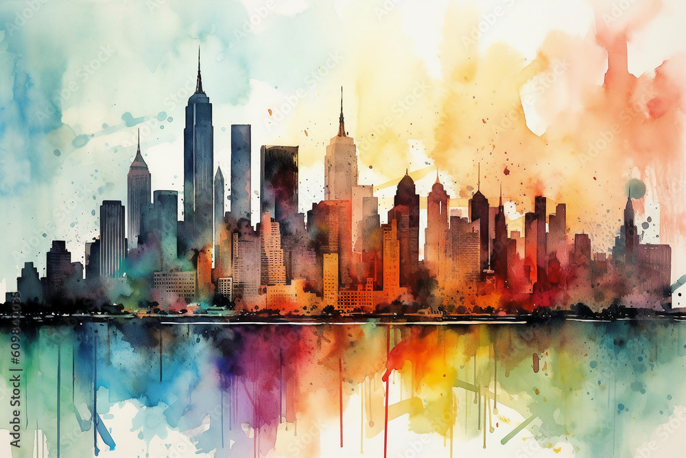 Fototapeta premium Watercoler new york skyline. AI generative