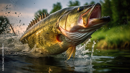 big largemouth bass taking off in the spring near a river, ai generative