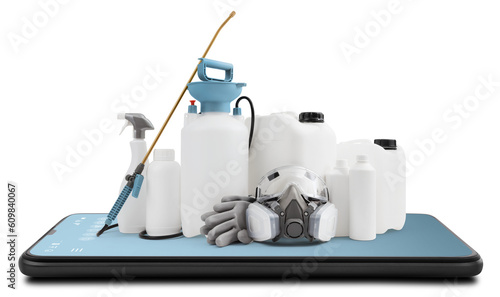 Cleaning and disinfection products from smartphone, isolated on white background. Protective respirator mask, pump pressure sprayer and spray bottles. Online shopping commerce concept