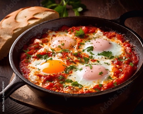 Shakshuka - eggs, tomato, and parsley in a iron pan on dark background. Traditional Middle Eastern dish. Top view. AI generated © tanchy25