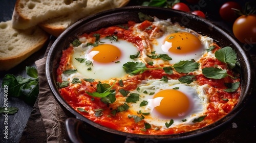 Shakshuka - eggs, tomato, and parsley in a iron pan on dark background. Traditional Middle Eastern dish. Top view. AI generated © tanchy25