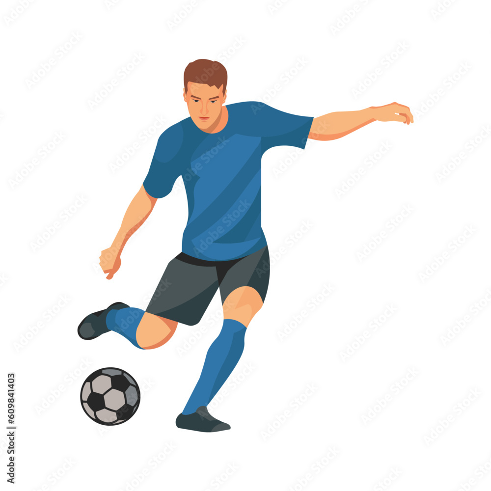 Isolated vector figure of football player in a blue sports uniform who is going to kick the ball with his foot