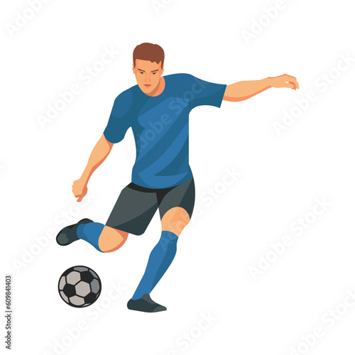 Isolated vector figure of football player in a blue sports uniform who is going to kick the ball with his foot