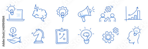 Business idea, startup doodle line icon set. Hand drawn doodle sketch line style business strategy, finance goal concept. Rocket, target, brain cute element. Vector illustration