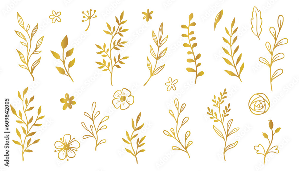 Gold branch leaf element set. Hand drawn sketch doodle golden leaves floral element for wedding background, elegant design. Vector illustration. Gold branch leaf element set. Hand drawn sketch doodle golden leaves floral element for wedding background, elegant design. Vector illustration.