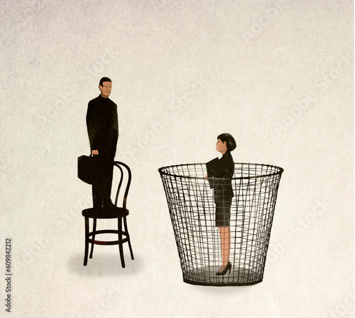 Illustration of man standing on top of chair and woman standing in wastepaper basket symbolizing inequality photo