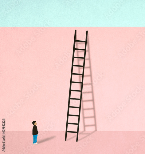 Illustration of small boy looking at ladder