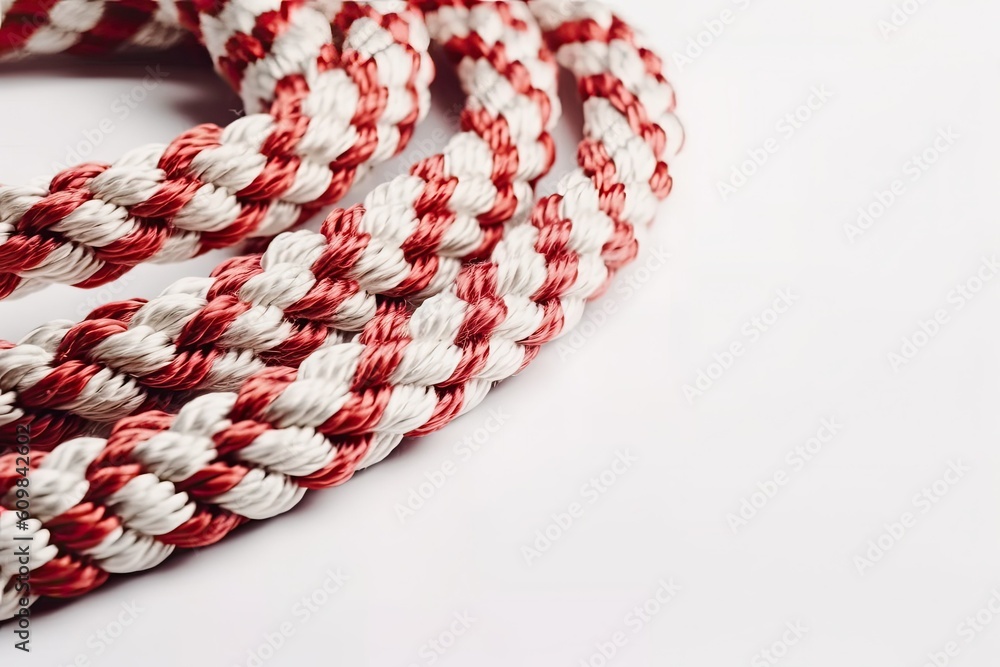 Close-up twisted red and white marine nylon rope on a white background. Generative AI Close-up twisted red and white marine nylon rope on a white background. Generative AI