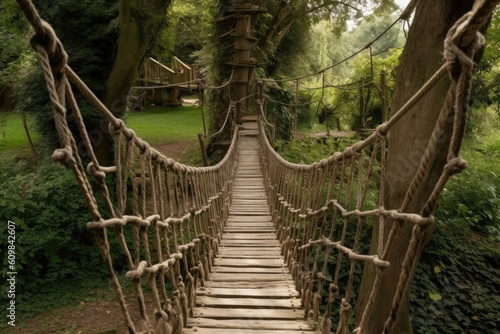 Hanging wooden bridge in lush greens in the adventure rope park. Generative AI