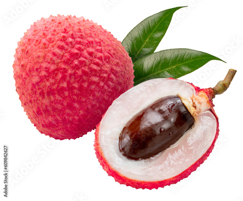 Red Lychee fruit on white background, Fresh Red Lychee or Litchi chinensis fruit on White Background Png File.