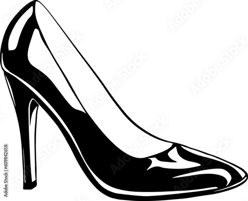 Vector lineart illustration of black high heel patent leather shoe isolated on white background