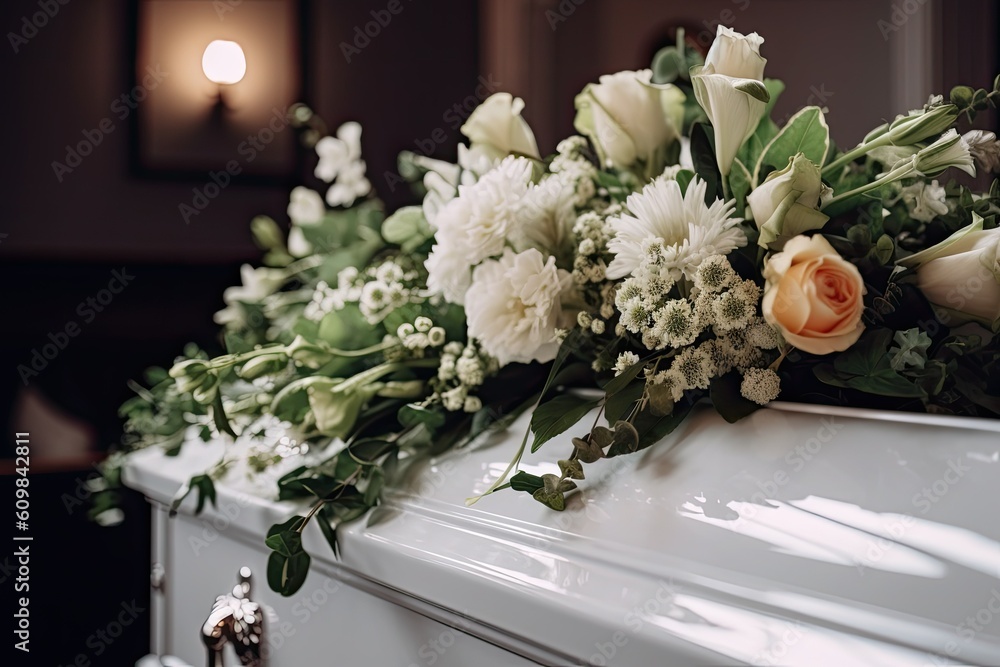 White Coffin with silver handles with white flowers at a funeral service. Generative AI - obrazy, fototapety, plakaty 