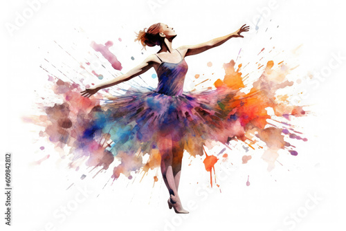 Illustration of a ballerina in a beautiful multi-colored dress surrounding in a dance. Watercolor paint style. Generative AI