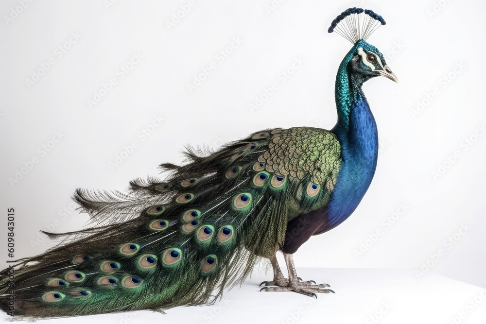 Fototapeta premium Male peacock with folded tail isolated on white background. Generative AI
