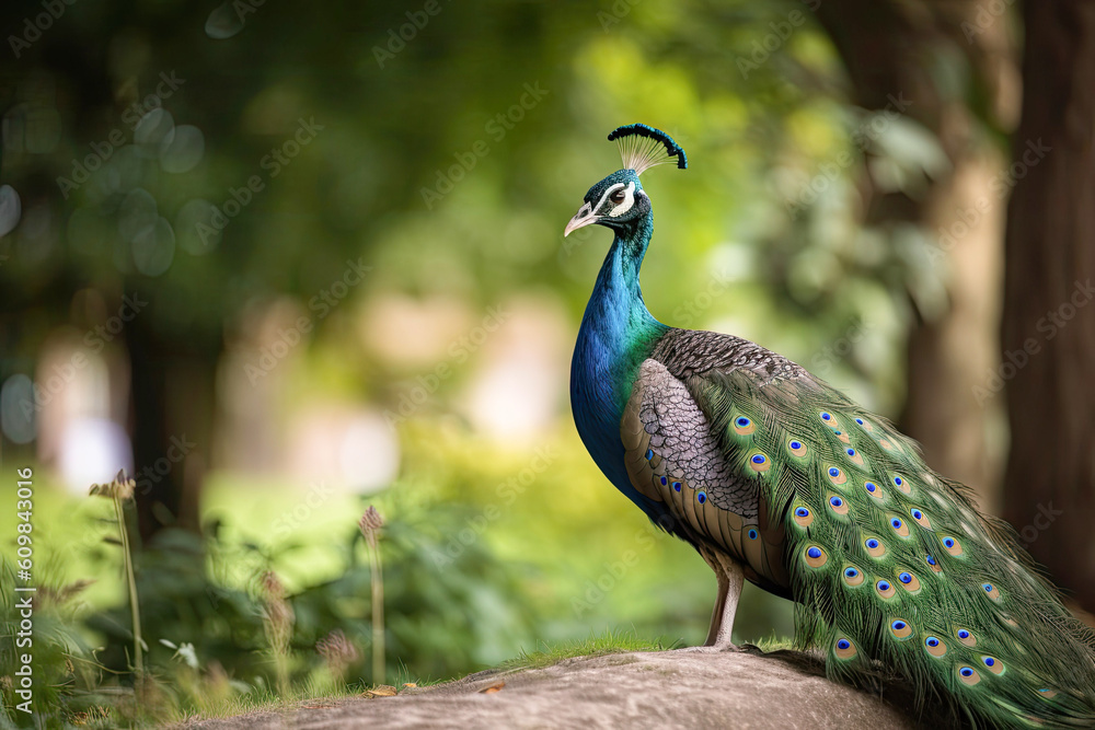 Male peacock walks through a green garden. Generative AI Male peacock walks through a green garden. Generative AI