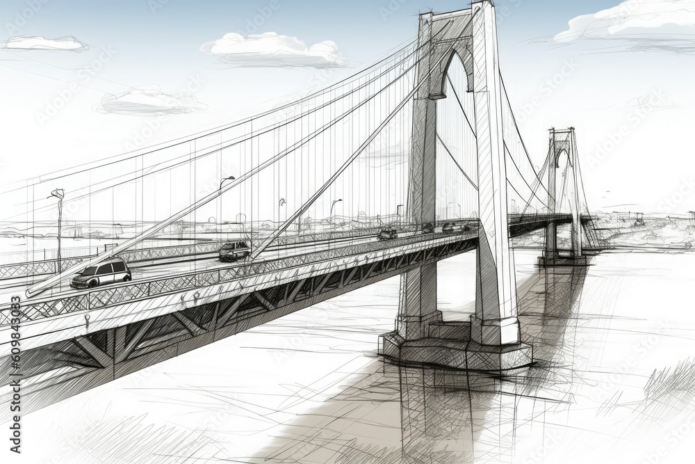 Giant road bridge with pylons across the river. Pencil drawing style illustration. Generative AI Giant road bridge with pylons across the river. Pencil drawing style illustration. Generative AI