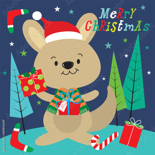 christmas card with kangaroo and gifts