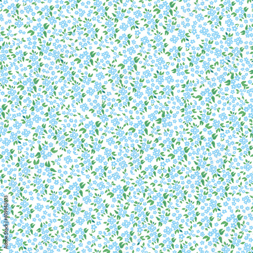 Cute floral pattern. Seamless vector texture. An elegant template for fashionable prints. Print with small blue flowers and green leaves. Light background.